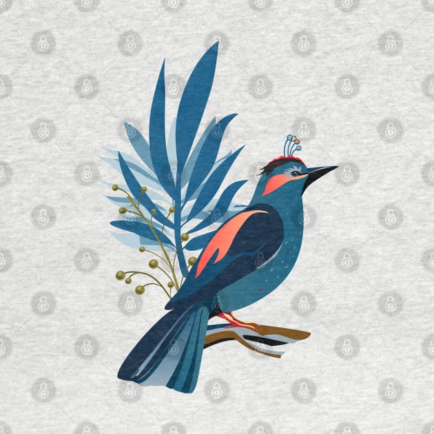 Vintage decorative tropical flowers and exotic blue bird, floral Art trendy design Holiday decoration Boho chic by sofiartmedia